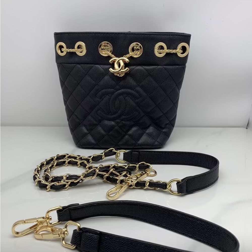 CHANEL VIP GWP Black Quilted Bucket Bag with Gold Chain Trim